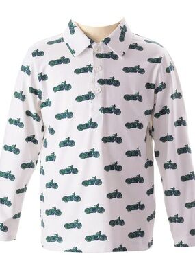 Rachel Riley White Polo Shirt with Green & Navy Motorcycle Print